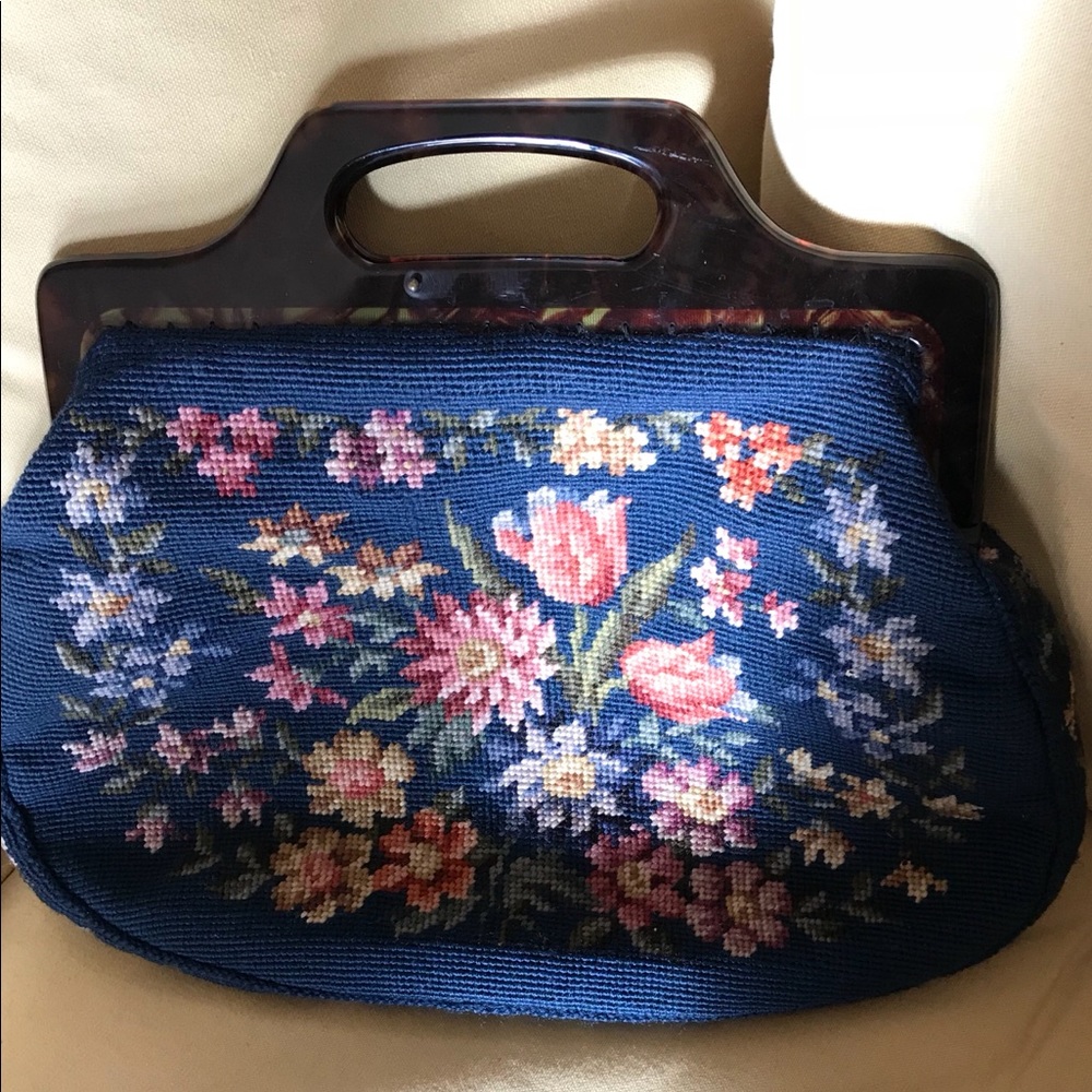 Vintage navy blue flower needlepoint handbag.